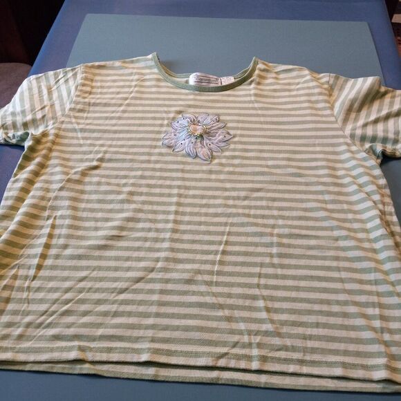 Extra Shenanigans Women's 3X Cotton Blend Floral Embellished Green Stripe Shirt - Picture 1 of 7